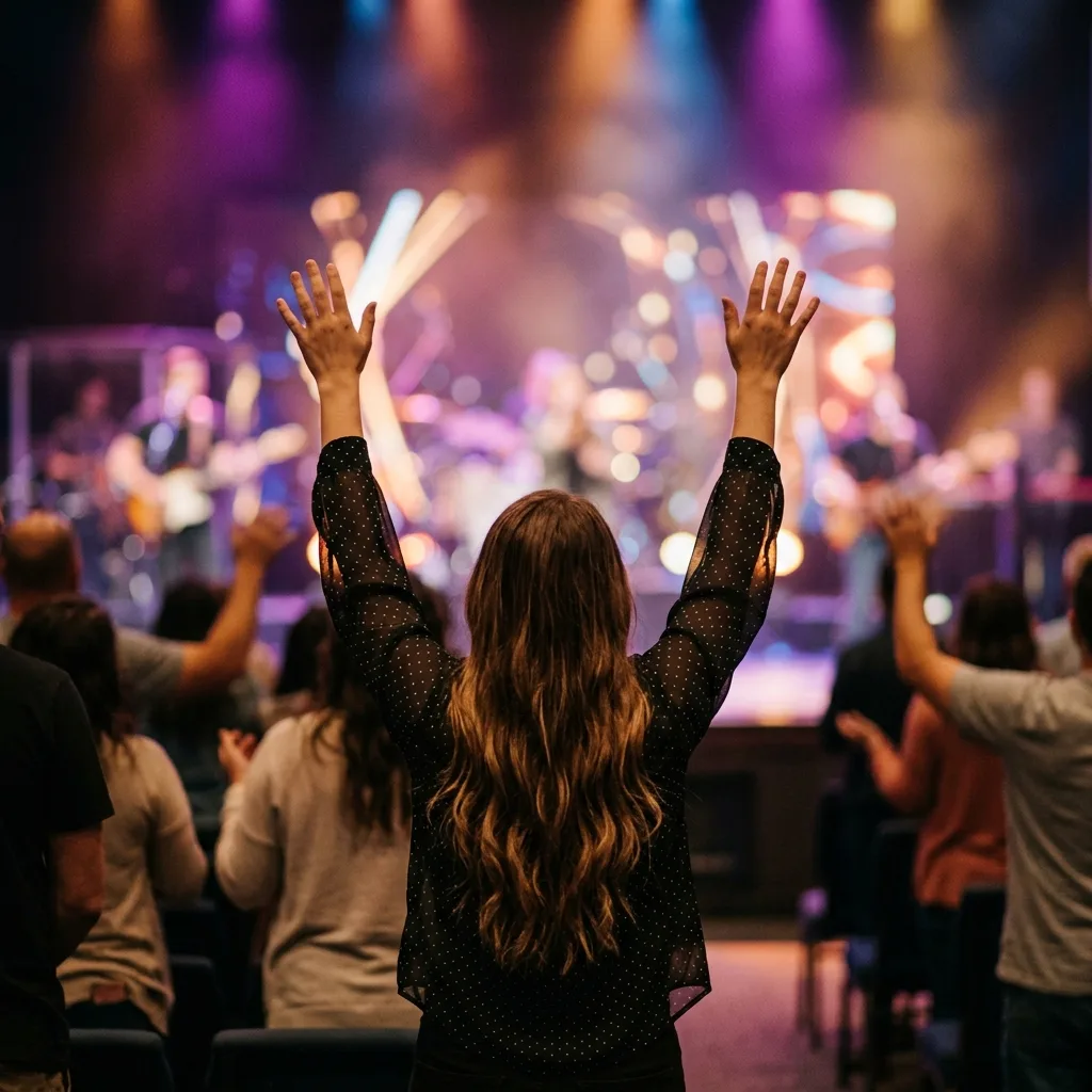 Mujer con los brazos en alto durante un concierto de adoración en una iglesia